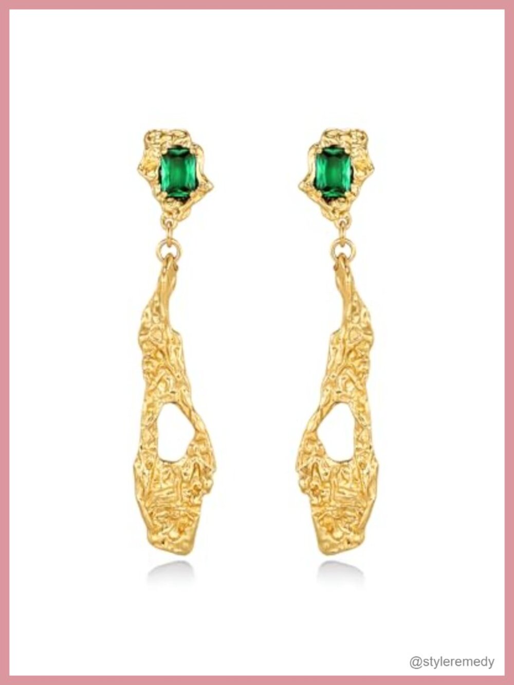 18K gold plated Abstract Dangle Hammered Statement Earrings with Green Gemstone